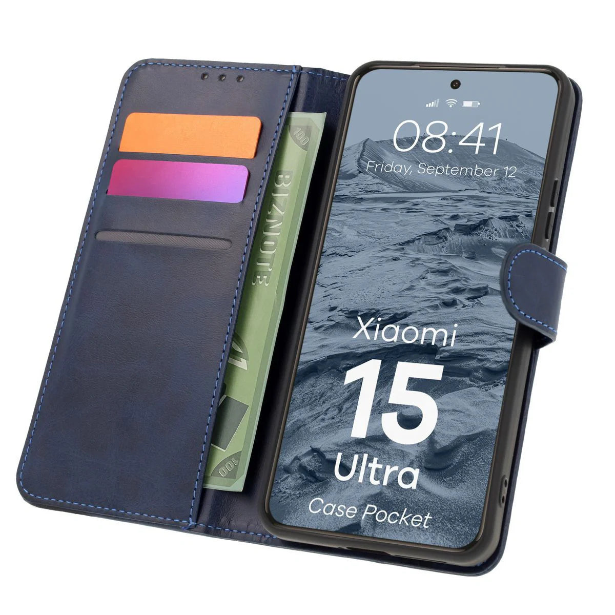 Handyhülle mit Klappe für Xiaomi 15 Ultra, Bizon Case Pocket, Dunkelblau