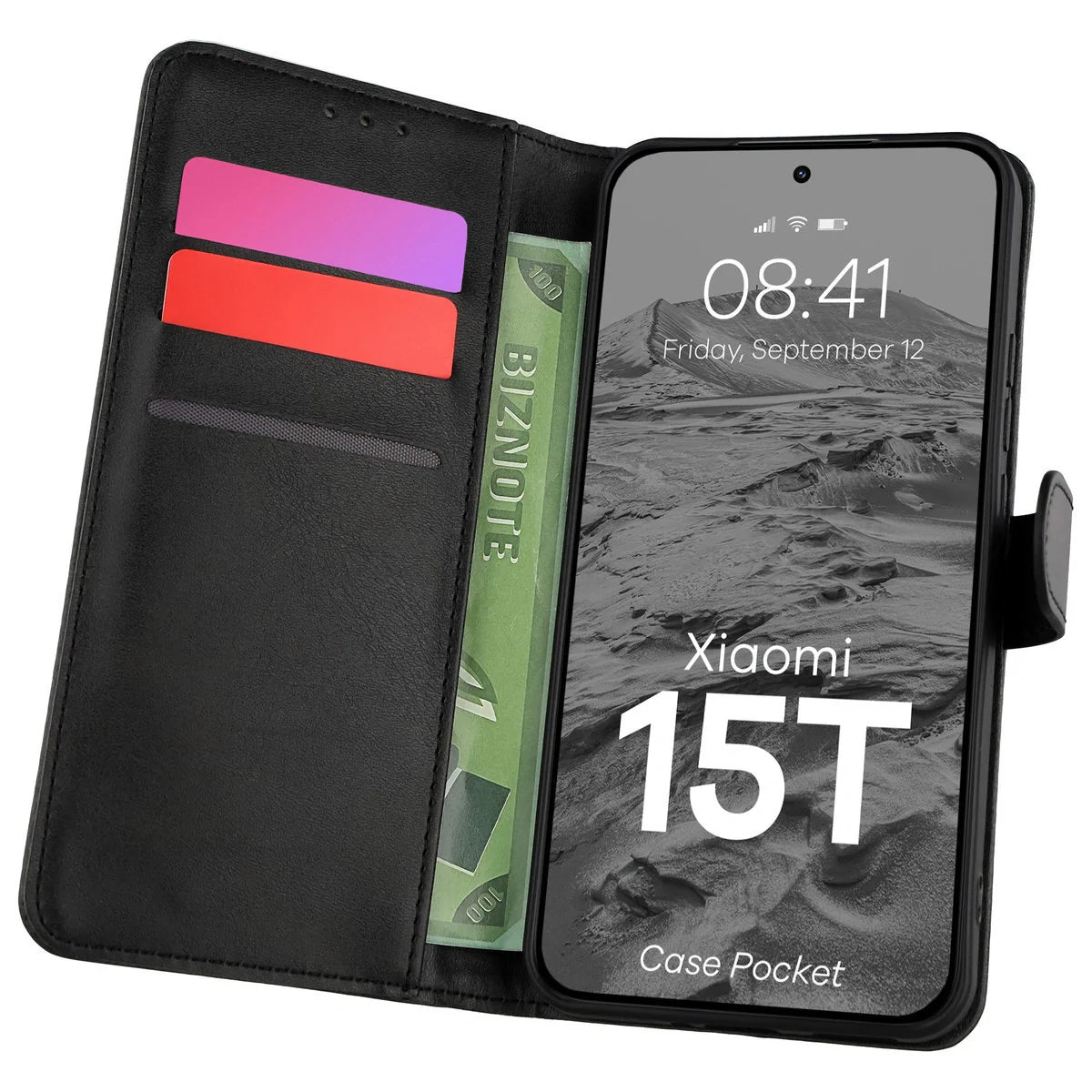 Handyhülle mit Klappe für Xiaomi 15T, Bizon Case Pocket, Schwarz