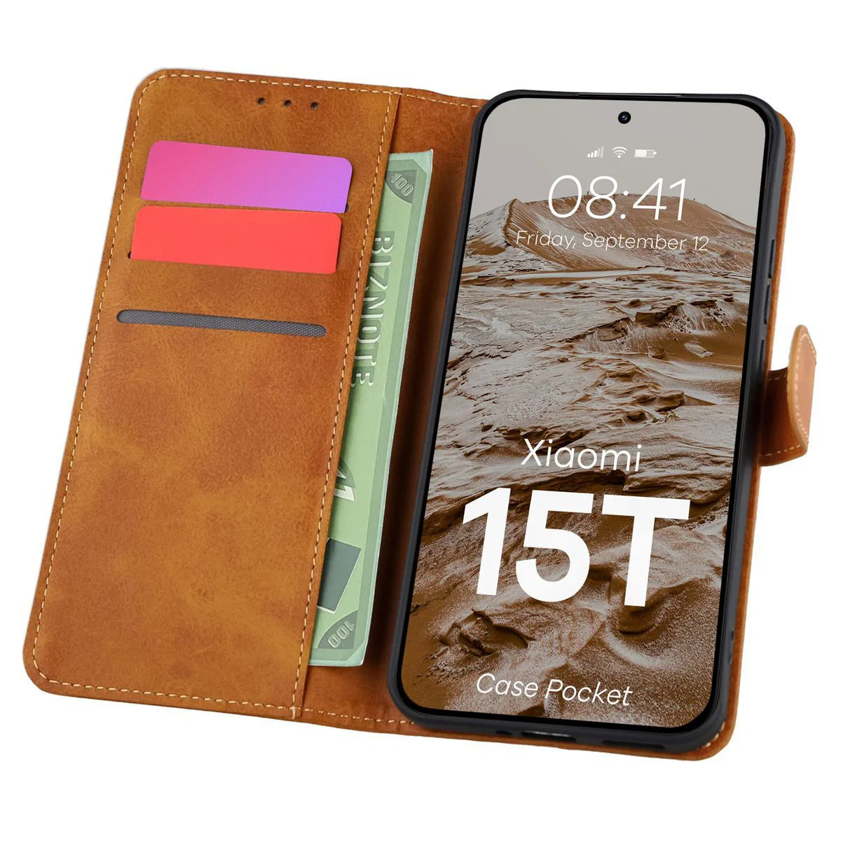 Handyhülle mit Klappe für Xiaomi 15T, Bizon Case Pocket, Braun