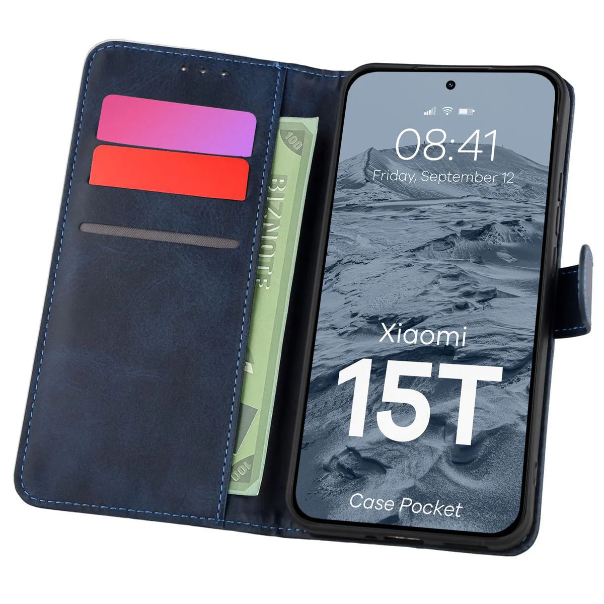 Handyhülle mit Klappe für Xiaomi 15T, Bizon Case Pocket, Dunkelblau