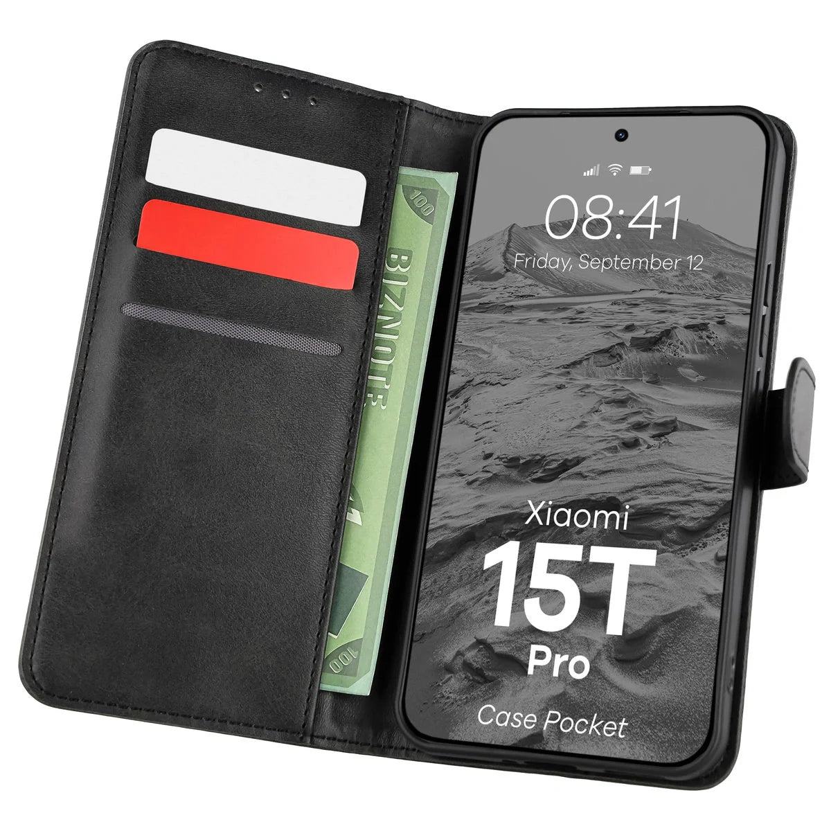 Handyhülle mit Klappe für Xiaomi 15T Pro, Bizon Case Pocket, Schwarz