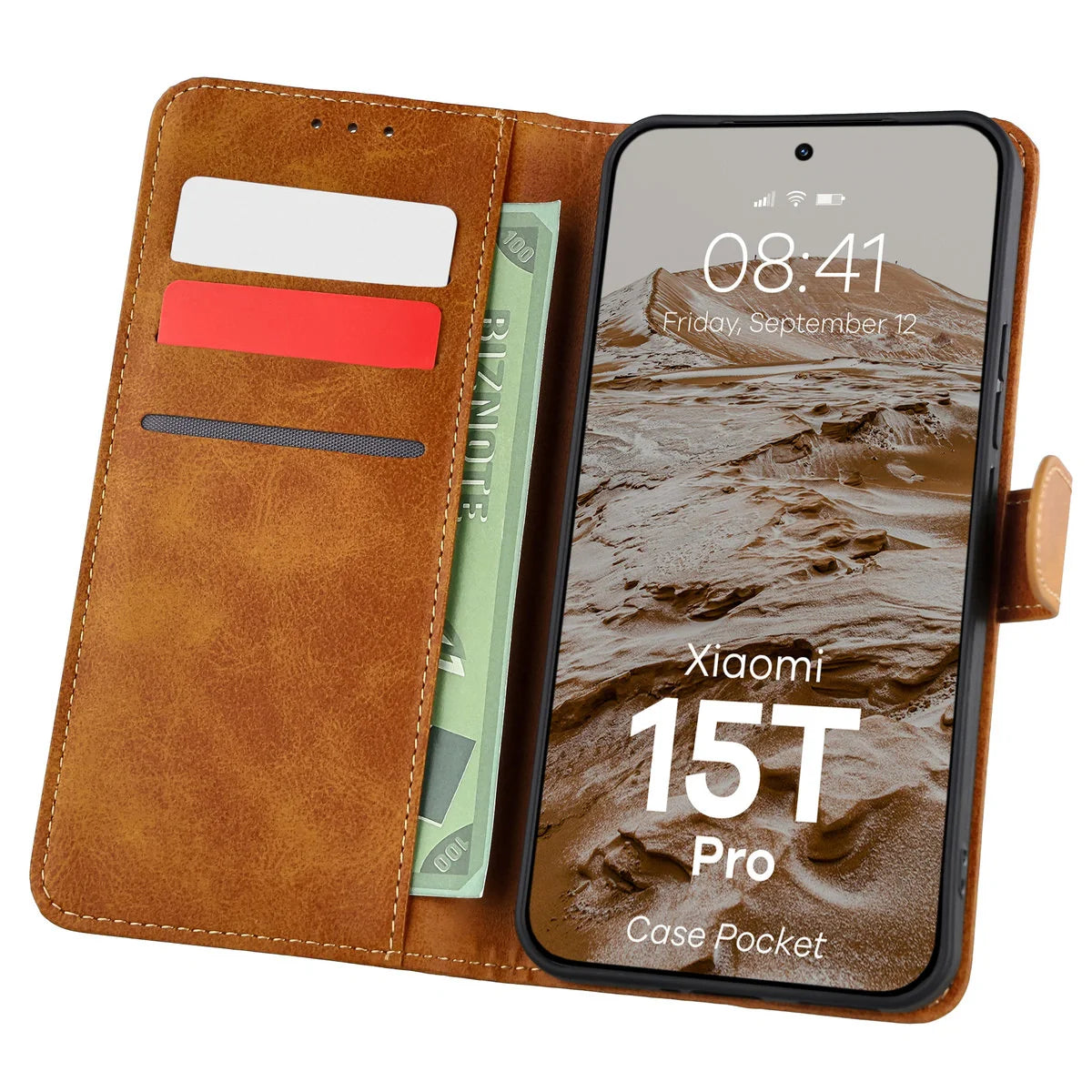 Handyhülle mit Klappe für Xiaomi 15T Pro, Bizon Case Pocket, Braun