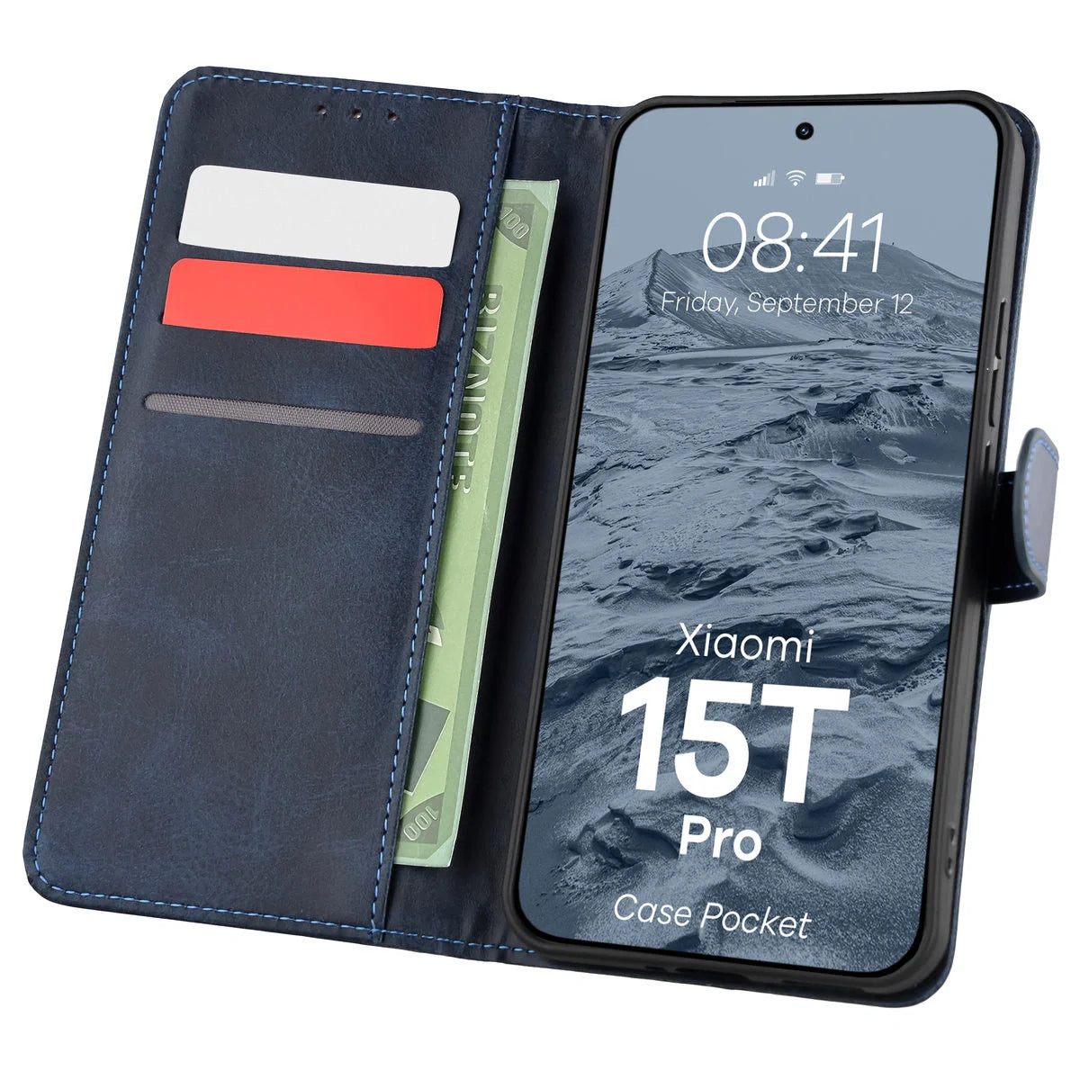 Handyhülle mit Klappe für Xiaomi 15T Pro, Bizon Case Pocket, Dunkelblau