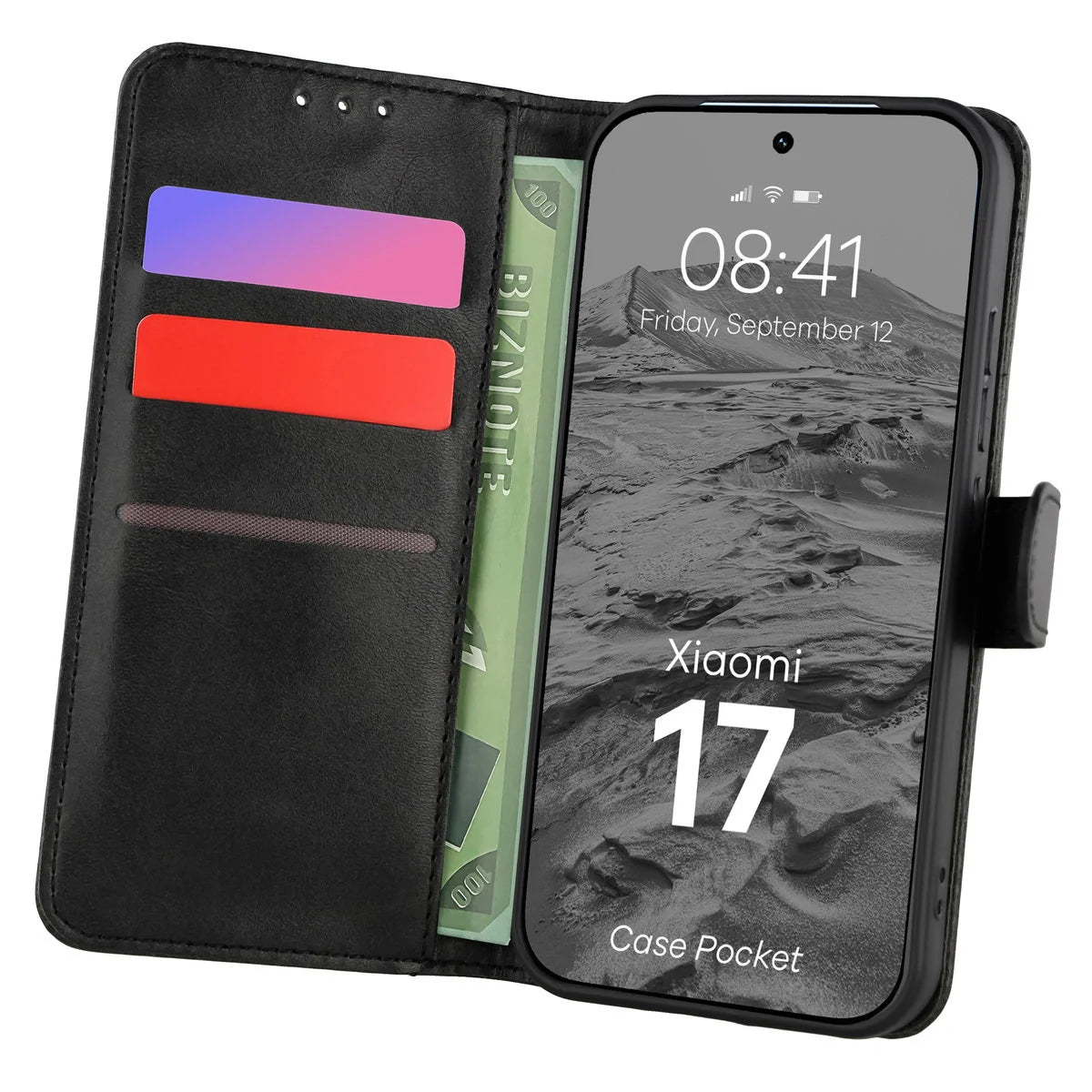 Handyhülle mit Klappe für Xiaomi 17, Bizon Case Pocket, Schwarz