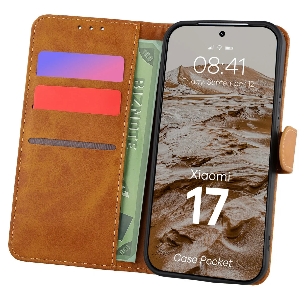 Handyhülle mit Klappe für Xiaomi 17, Bizon Case Pocket, Braun