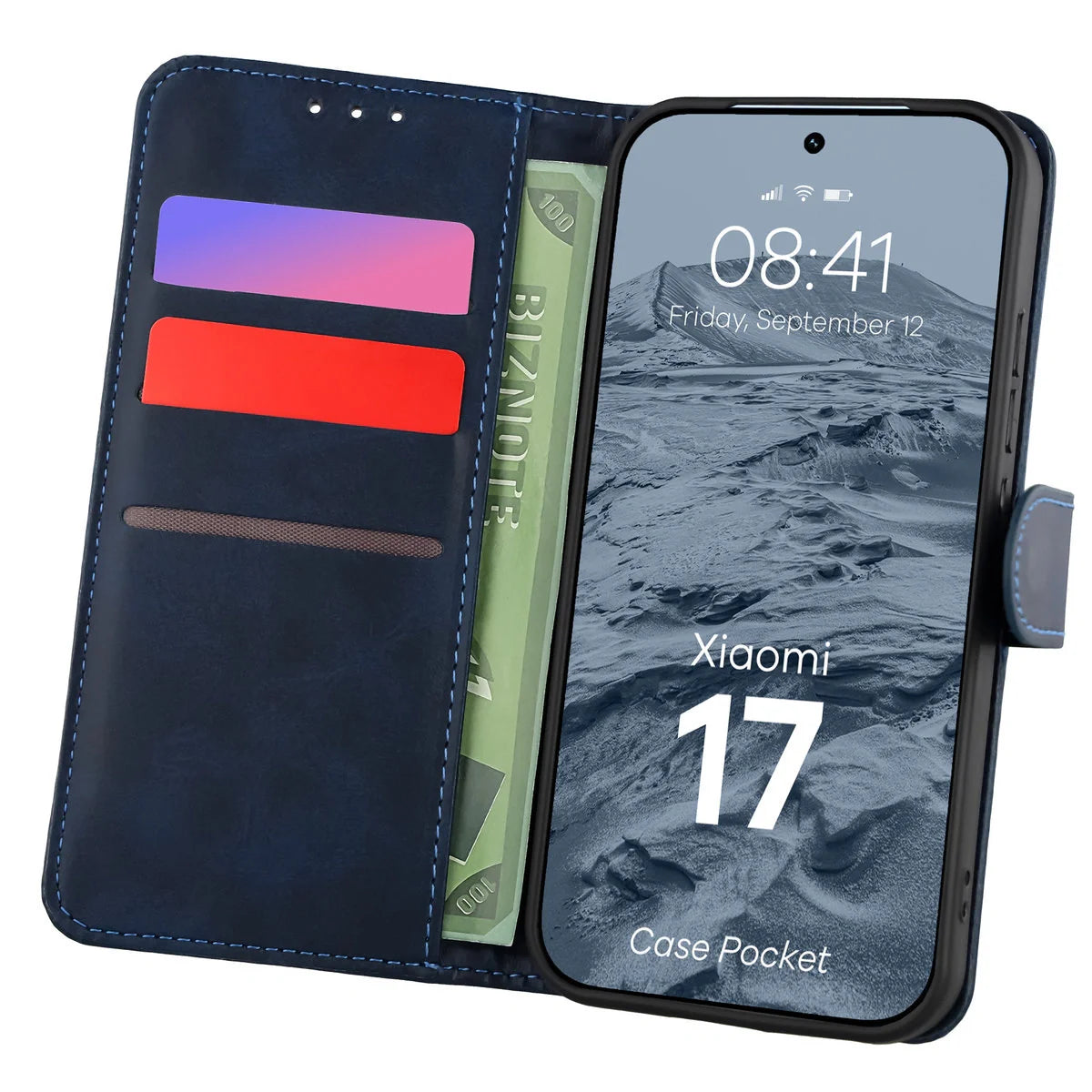 Handyhülle mit Klappe für Xiaomi 17, Bizon Case Pocket, Dunkelblau