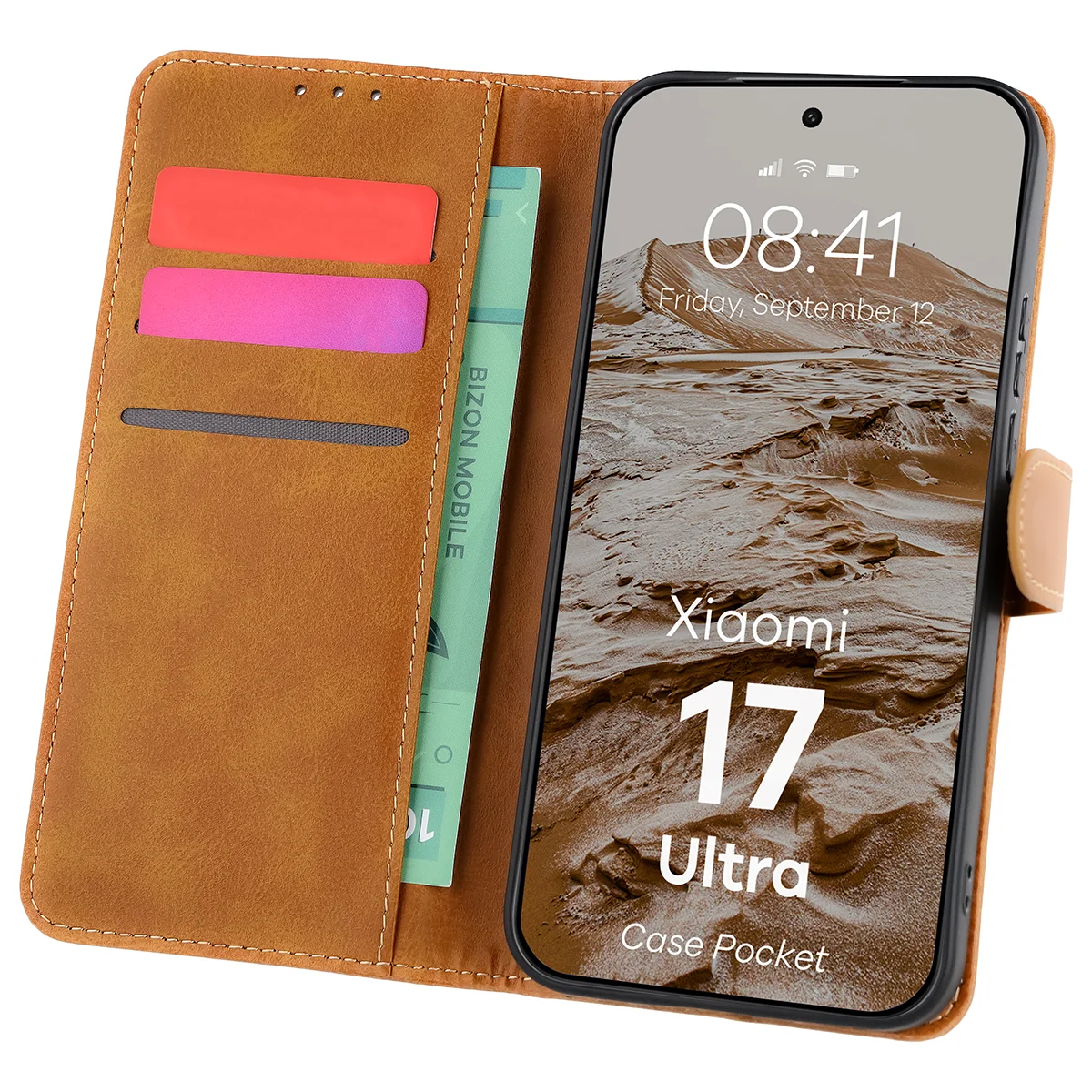 Handyhülle mit Klappe für Xiaomi 17 Ultra, Bizon Case Pocket, Braun