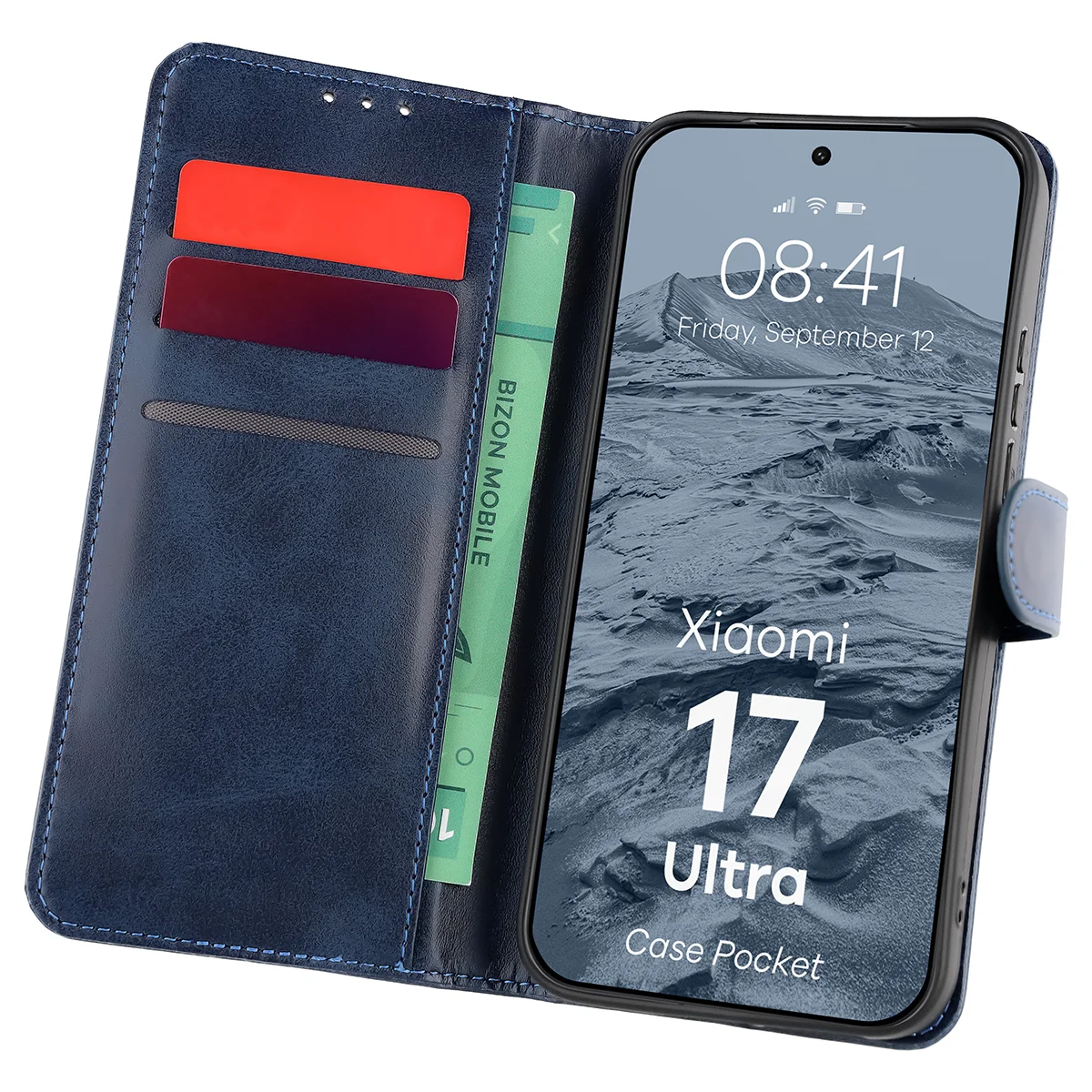 Handyhülle mit Klappe für Xiaomi 17 Ultra, Bizon Case Pocket, Dunkelblau