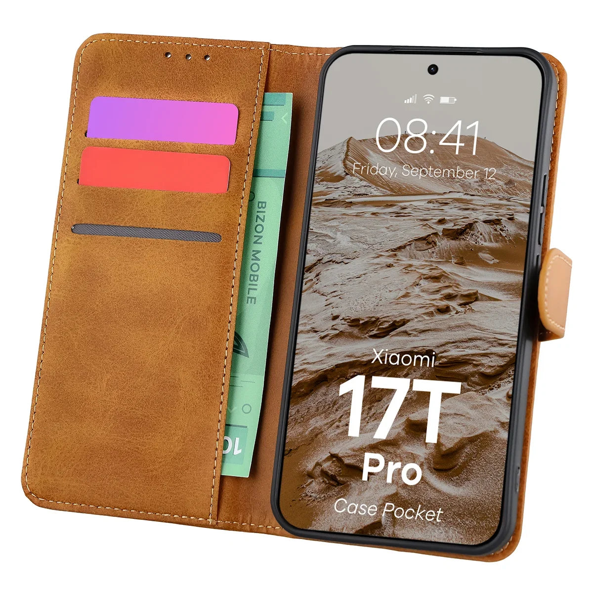 Handyhülle mit Klappe für Xiaomi 17T Pro, Bizon Case Pocket, Braun