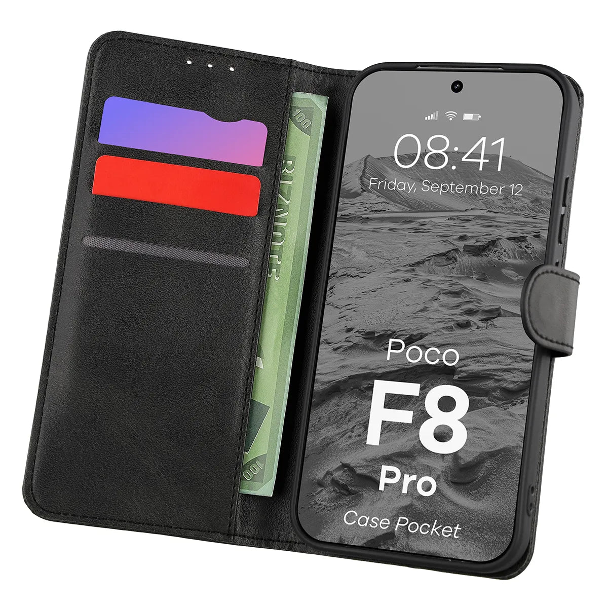 Handyhülle mit Klappe für Xiaomi POCO F8 Pro, Bizon Case Pocket, Schwarz