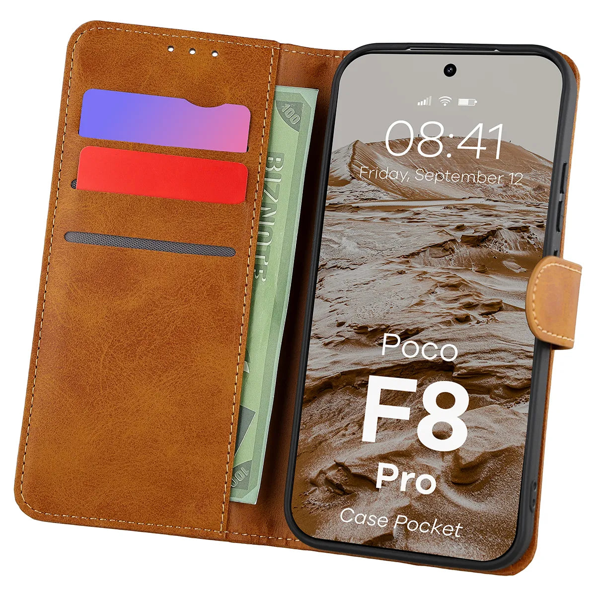 Handyhülle mit Klappe für Xiaomi POCO F8 Pro, Bizon Case Pocket, Braun