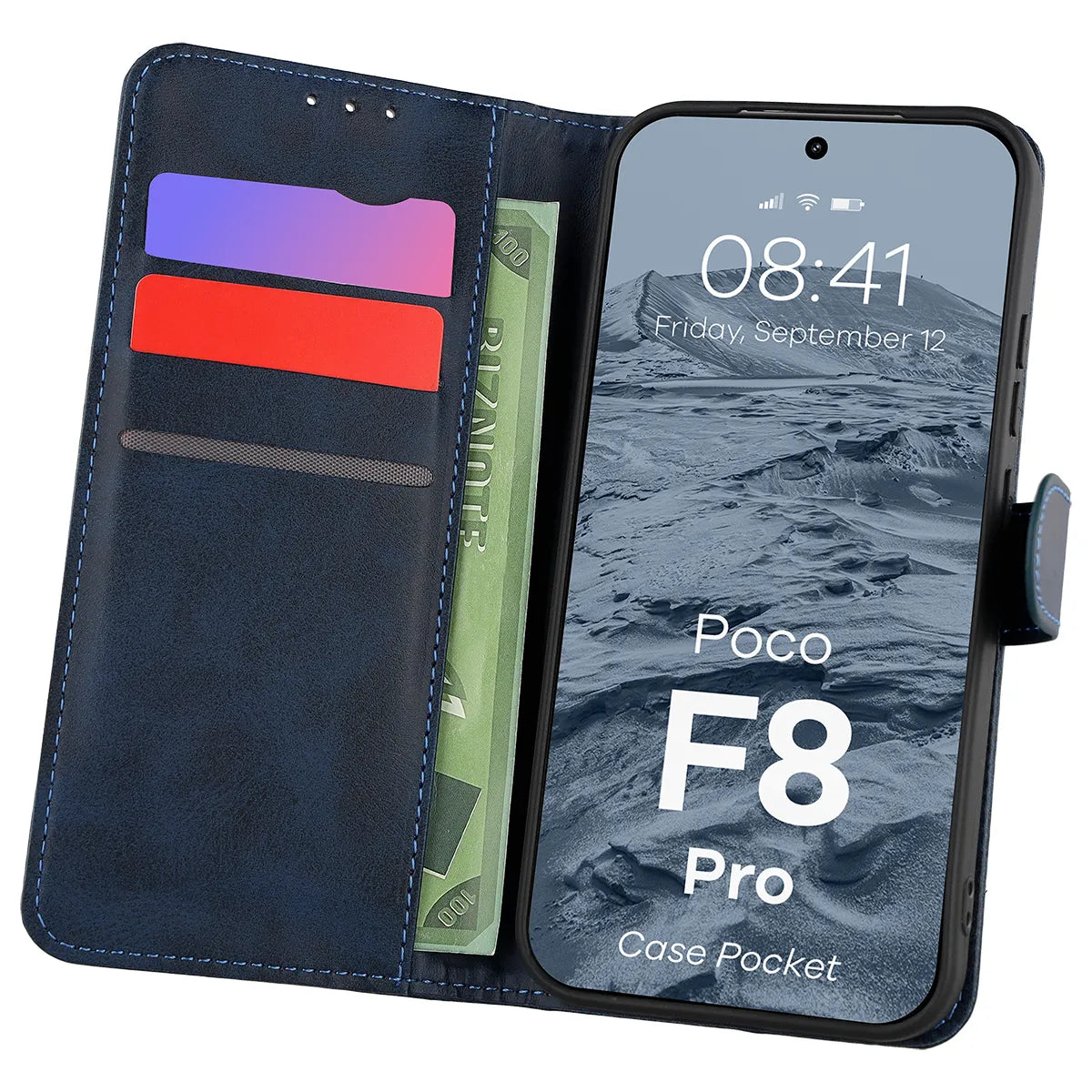 Handyhülle mit Klappe für Xiaomi POCO F8 Pro, Bizon Case Pocket, Dunkelblau