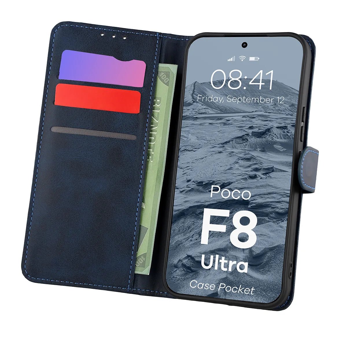 Handyhülle mit Klappe für Xiaomi POCO F8 Ultra, Bizon Case Pocket, Dunkelblau