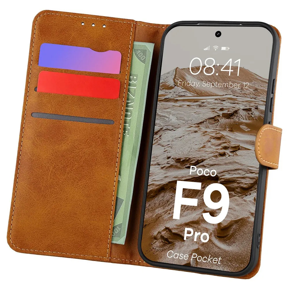 Handyhülle mit Klappe für Xiaomi POCO F9 Pro, Bizon Case Pocket, Braun (1/6)