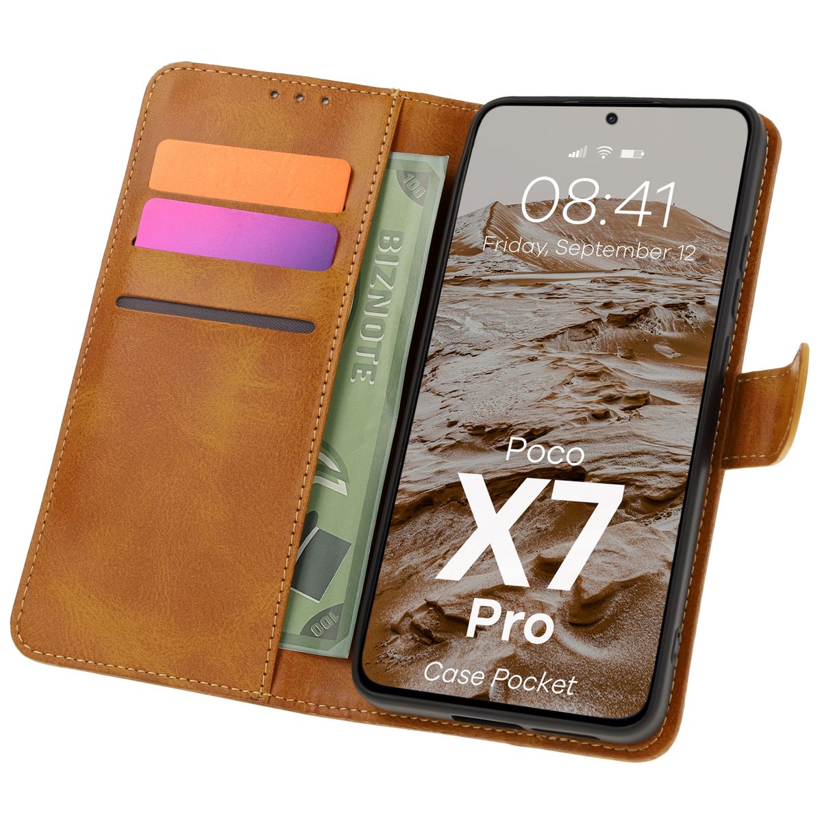 handyhülle poco x7 pro Handyhülle mit Klappe für Xiaomi Poco X7 Pro, Bizon Case Pocket, Braun