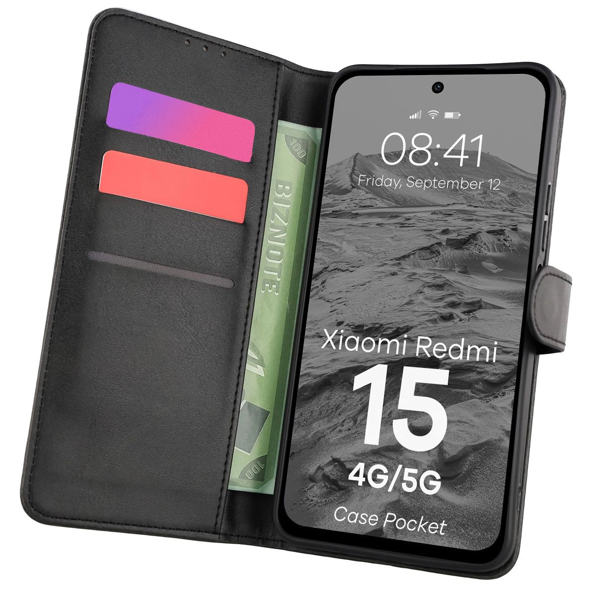 Handyhülle mit Klappe für Xiaomi Redmi 15 4G/5G, Bizon Case Pocket, Schwarz
