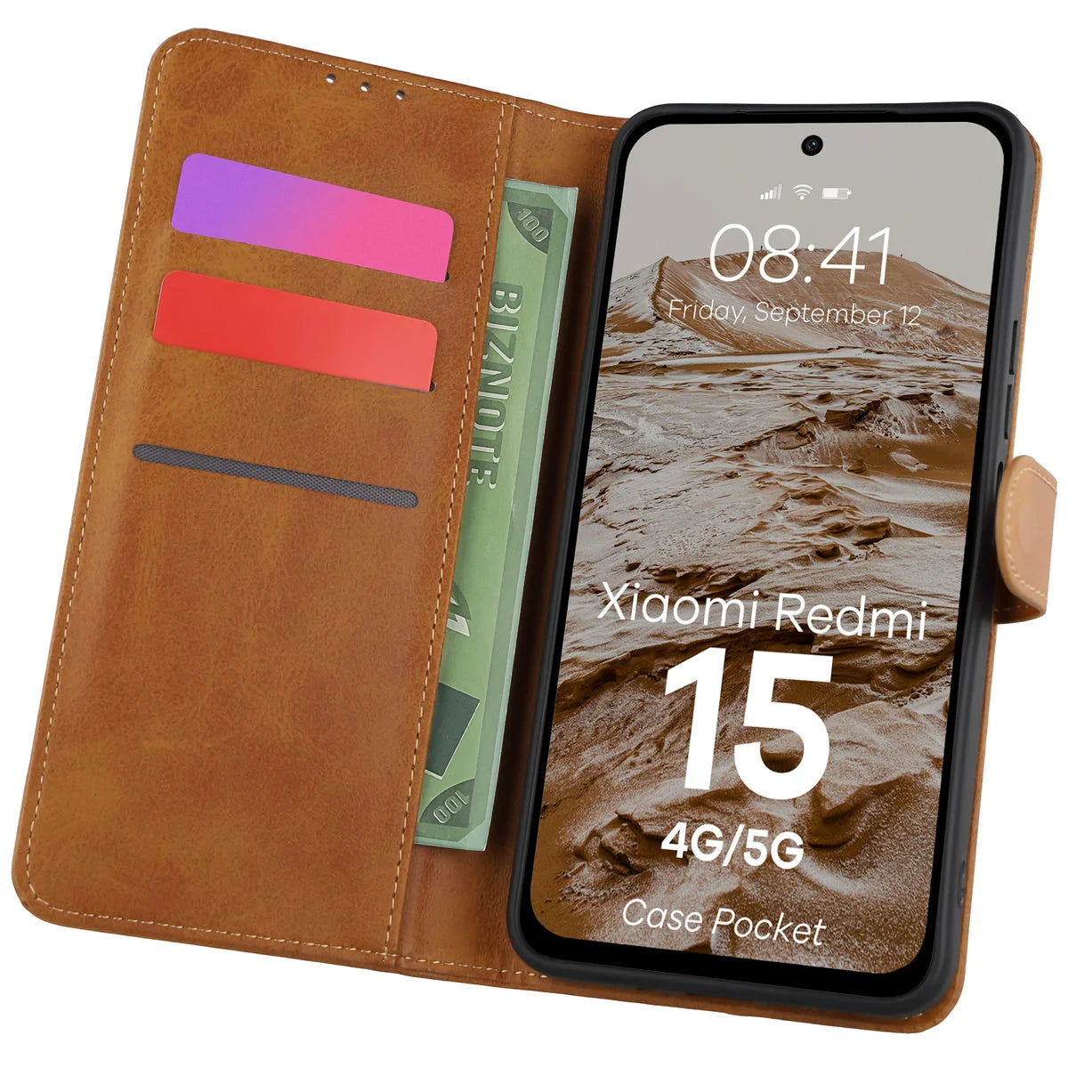 Handyhülle mit Klappe für Xiaomi Redmi 15 4G / 5G, Bizon Case Pocket, Braun