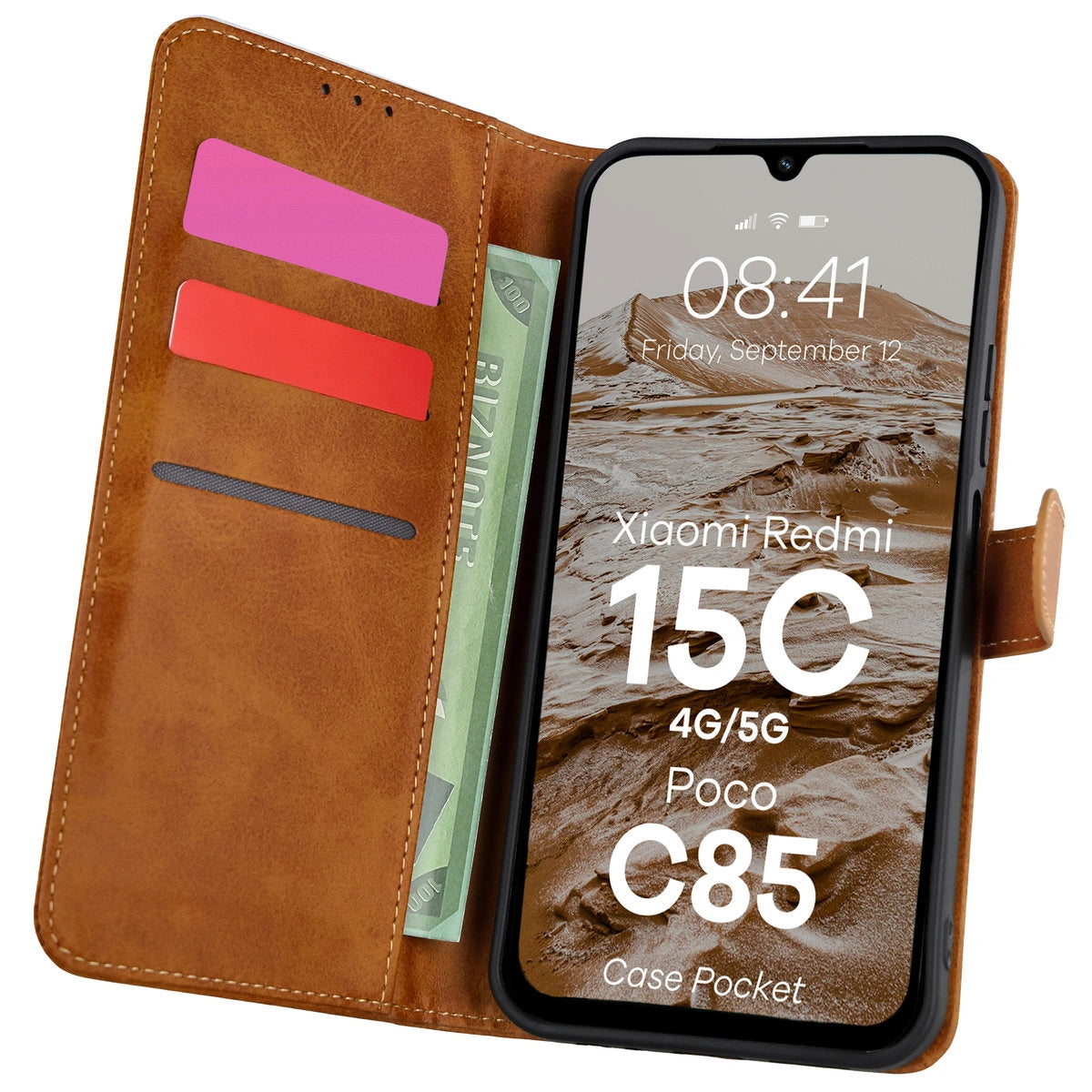 Handyhülle mit Klappe für Xiaomi Redmi 15C 4G/5G / Poco C85, Bizon Case Pocket, Braun