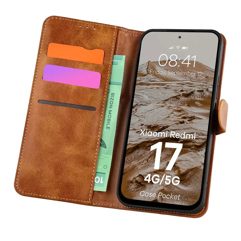 Handyhülle mit Klappe für Xiaomi Redmi 17 4G/5G, Bizon Case Pocket, Braun (1/6)