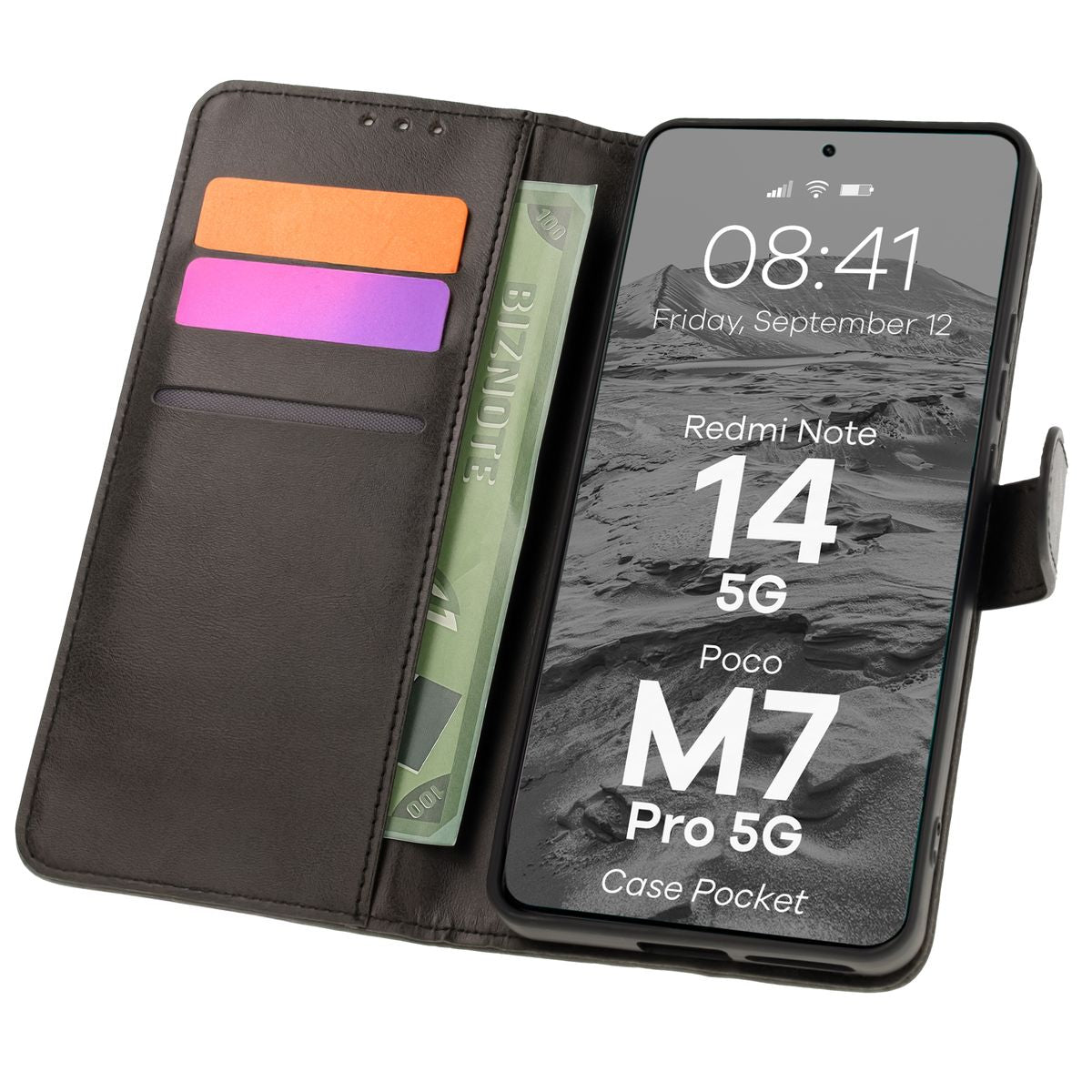 Handyhülle mit Klappe für Xiaomi Redmi Note 14 5G / Poco M7 Pro 5G, Bizon Case Pocket, Schwarz