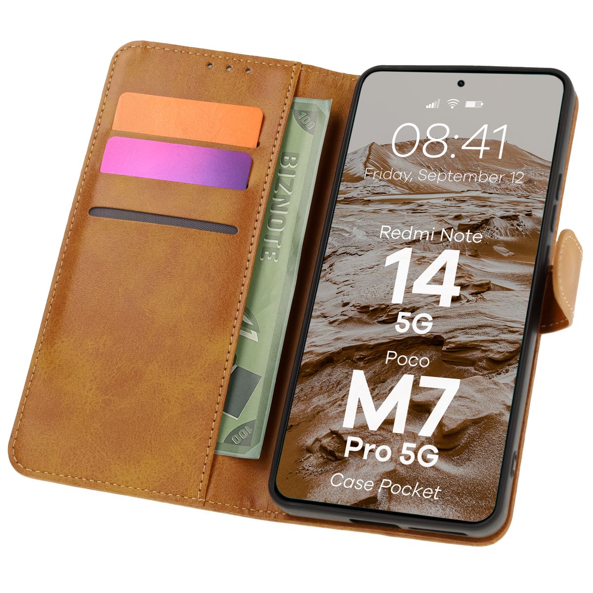 Handyhülle mit Klappe für Xiaomi Redmi Note 14 5G / Poco M7 Pro 5G, Bizon Case Pocket, Braun