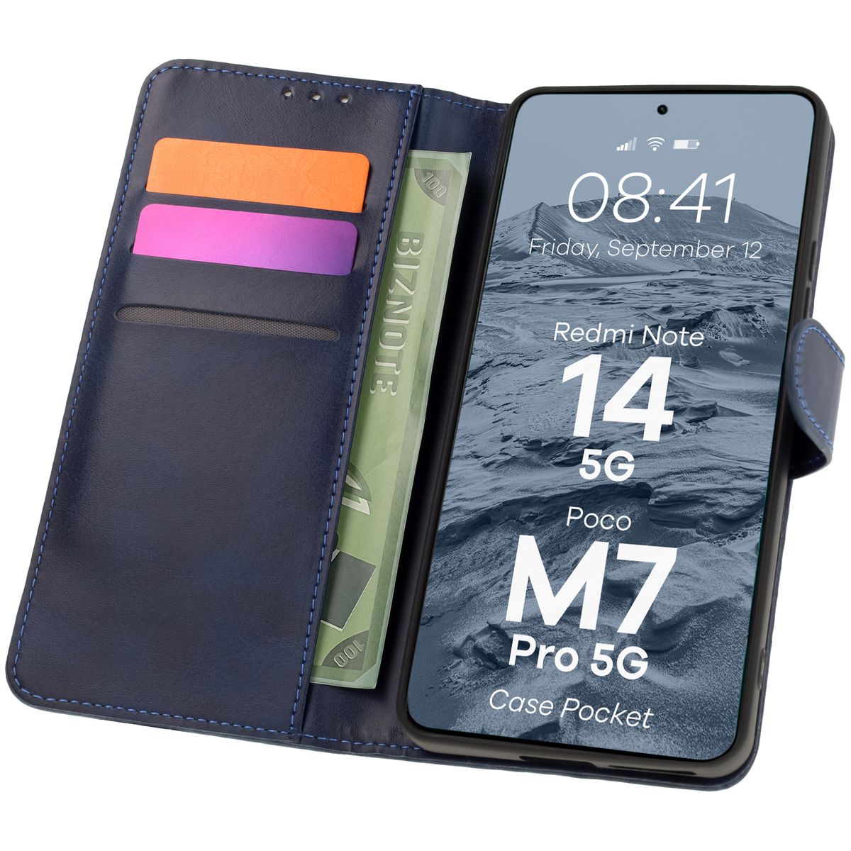 Handyhülle mit Klappe für Xiaomi Redmi Note 14 5G / Poco M7 Pro 5G, Bizon Case Pocket, Dunkelblau