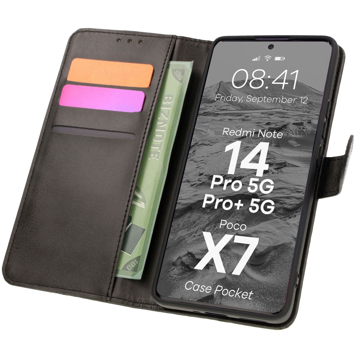 Handyhülle mit Klappe für Xiaomi Redmi Note 14 Pro 5G / Poco X7, Bizon Case Pocket, Schwarz