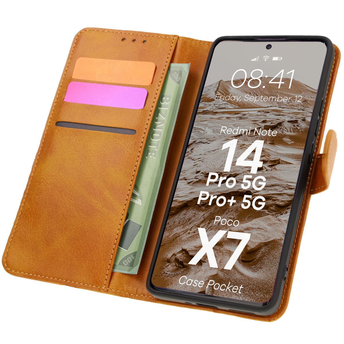 Handyhülle mit Klappe für Xiaomi Redmi Note 14 Pro 5G / Poco X7, Bizon Case Pocket, Braun