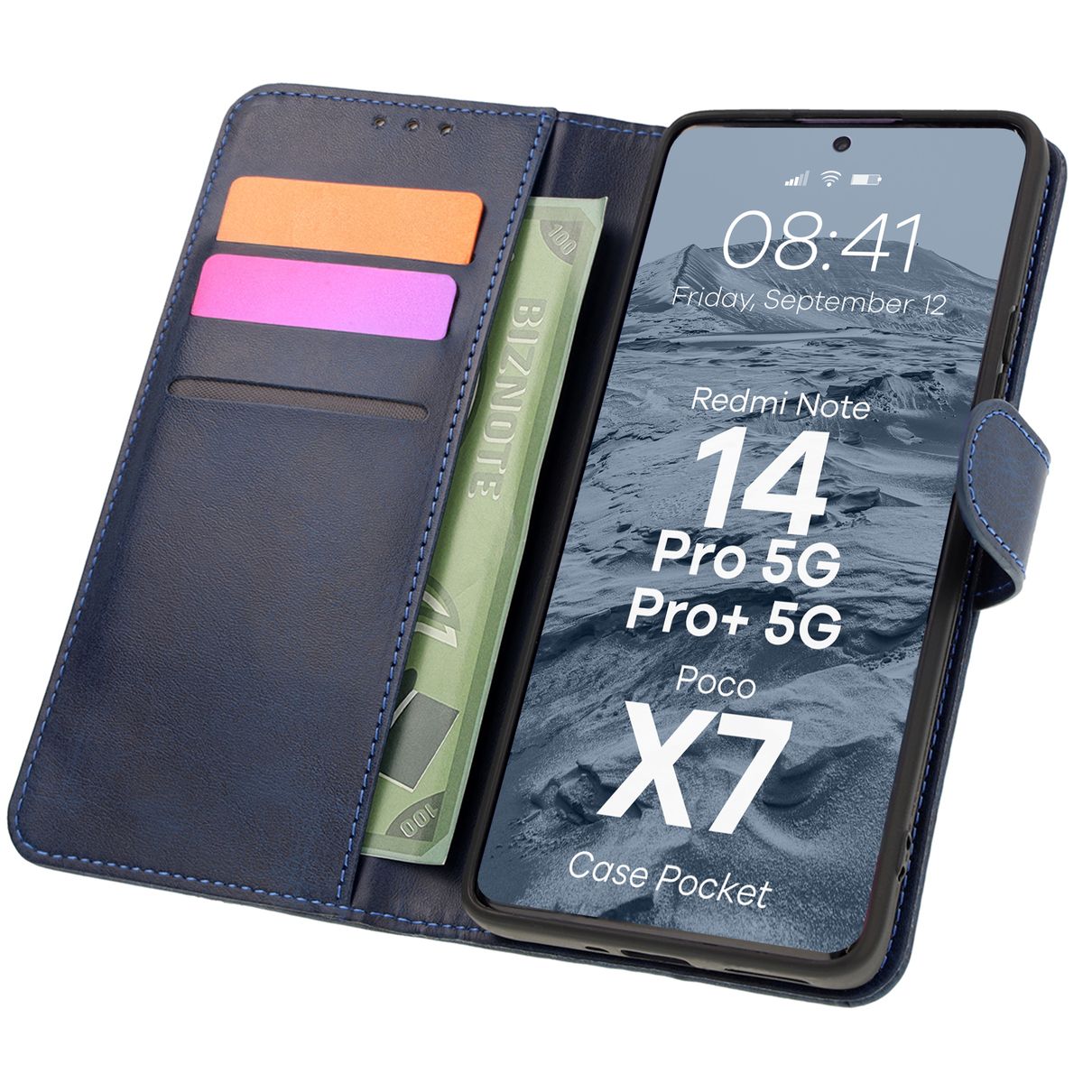 Handyhülle mit Klappe für Xiaomi Redmi Note 14 Pro 5G / Poco X7, Bizon Case Pocket, Dunkelblau