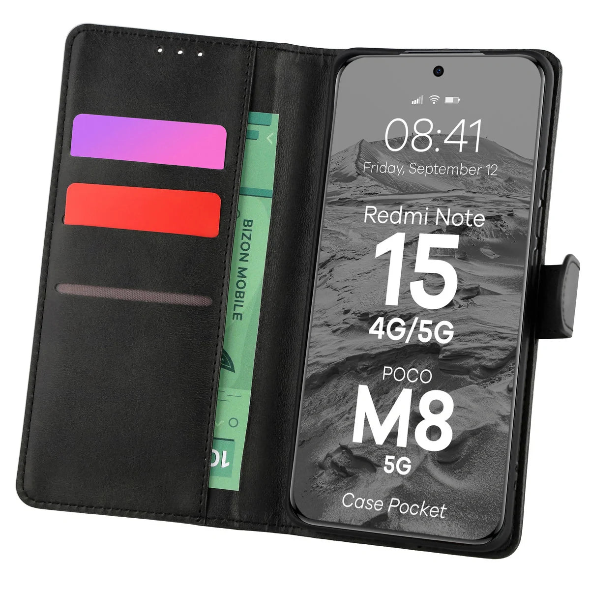 Handyhülle mit Klappe für Xiaomi Redmi Note 15 / POCO M8 5G, Bizon Case Pocket, Schwarz