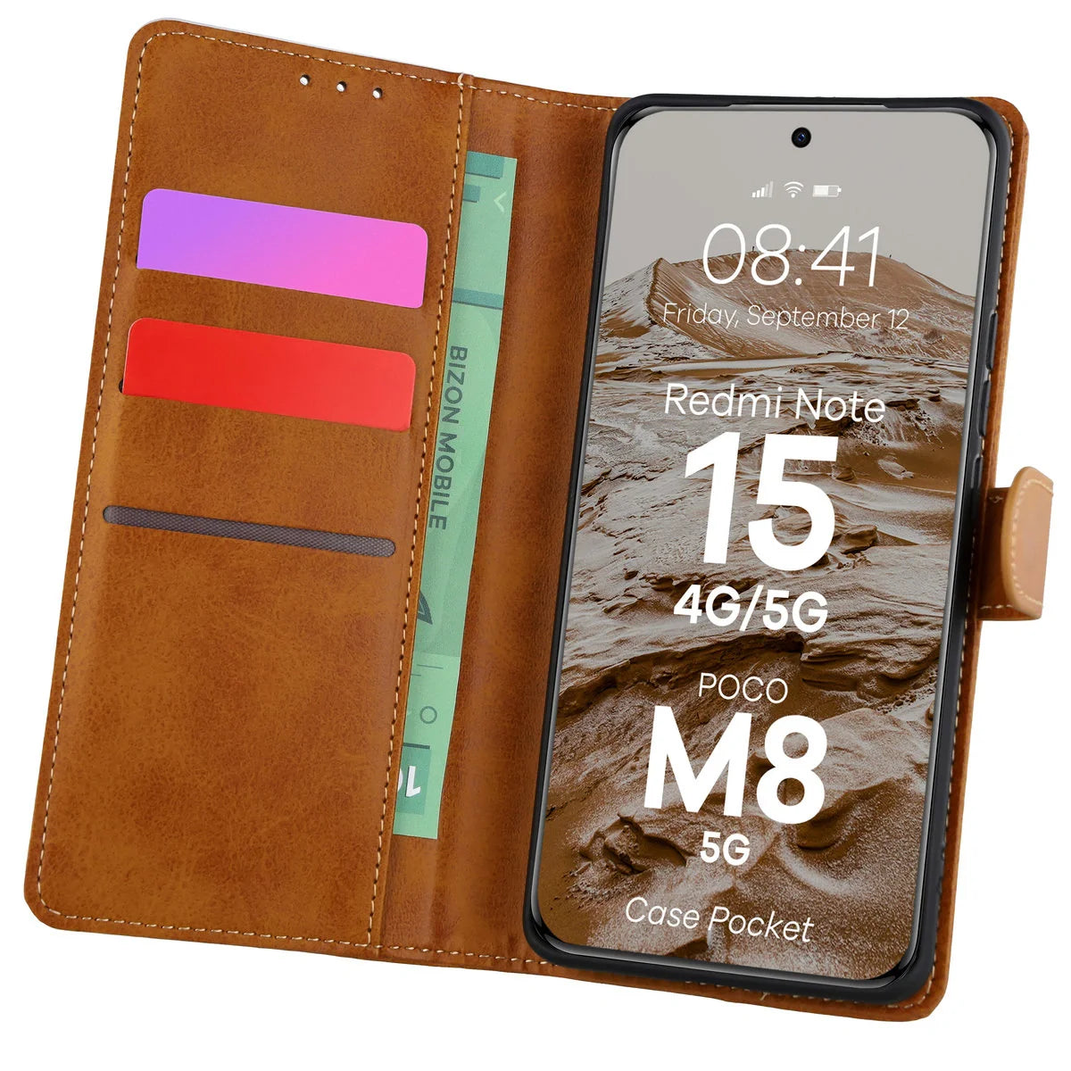 Handyhülle mit Klappe für Xiaomi Redmi Note 15 / POCO M8 5G, Bizon Case Pocket, Braun