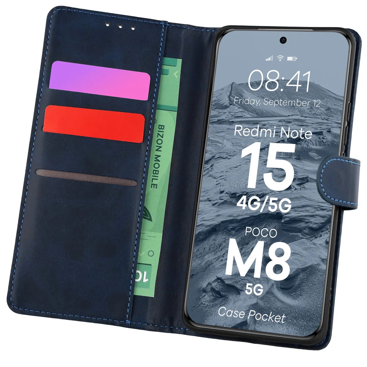 Handyhülle mit Klappe für Xiaomi Redmi Note 15 / POCO M8 5G, Bizon Case Pocket, Dunkelblau