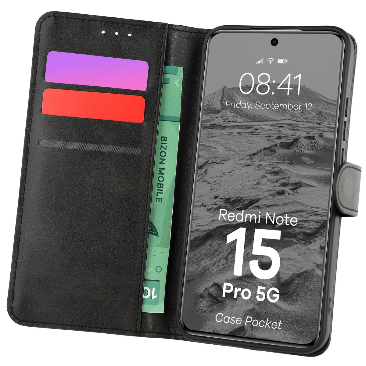 Handyhülle mit Klappe für Xiaomi Redmi Note 15 Pro 5G, Bizon Case Pocket, Schwarz