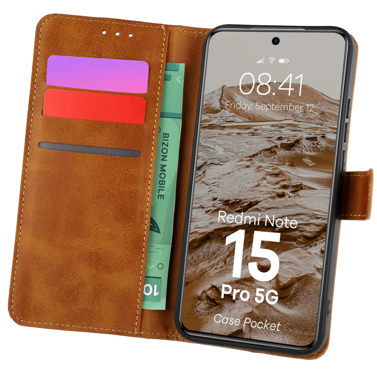 Handyhülle mit Klappe für Xiaomi Redmi Note 15 Pro 5G, Bizon Case Pocket, Braun