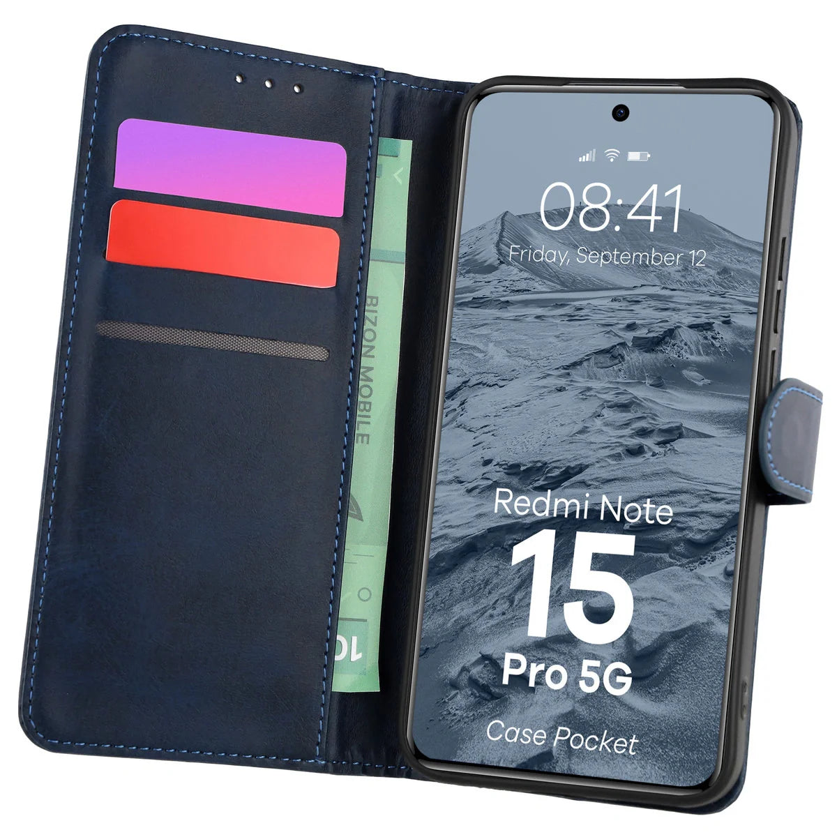 Handyhülle mit Klappe für Xiaomi Redmi Note 15 Pro 5G, Bizon Case Pocket, Dunkelblau