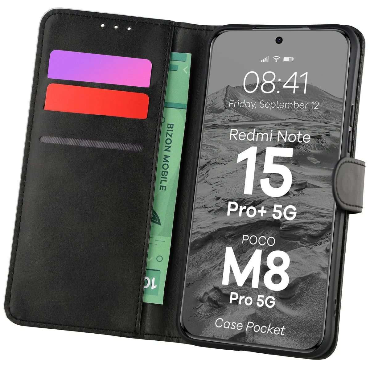 Handyhülle mit Klappe für Xiaomi Redmi Note 15 Pro Plus 5G / POCO M8 Pro 5G, Bizon Case Pocket, Schwarz