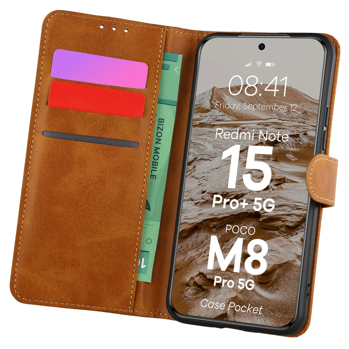 Handyhülle mit Klappe für Xiaomi Redmi Note 15 Pro Plus 5G / POCO M8 Pro 5G, Bizon Case Pocket, Braun