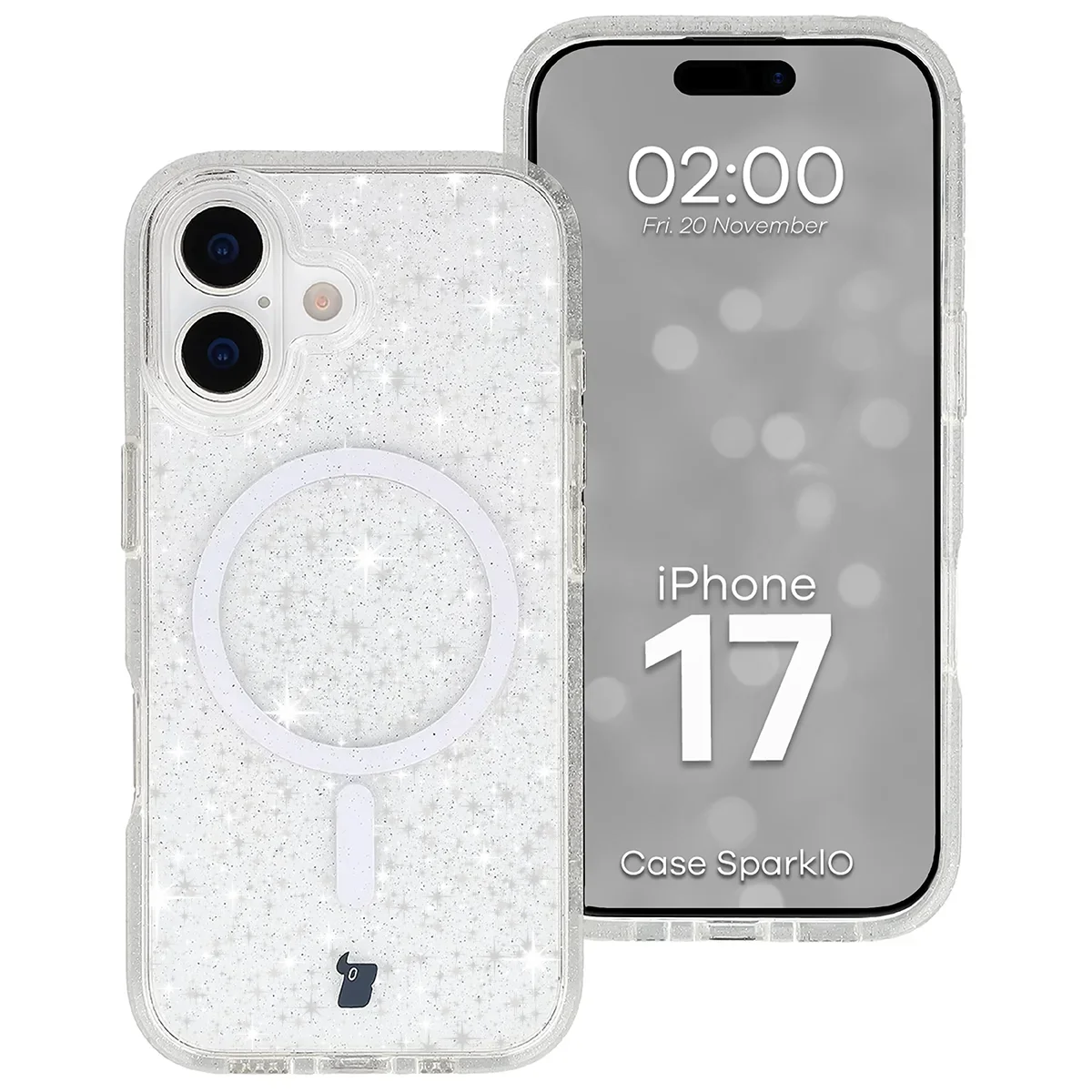 Glitzer Hülle mit Magnetring für iPhone 17, Bizon Case SparklO, Transparent mit Glitzer