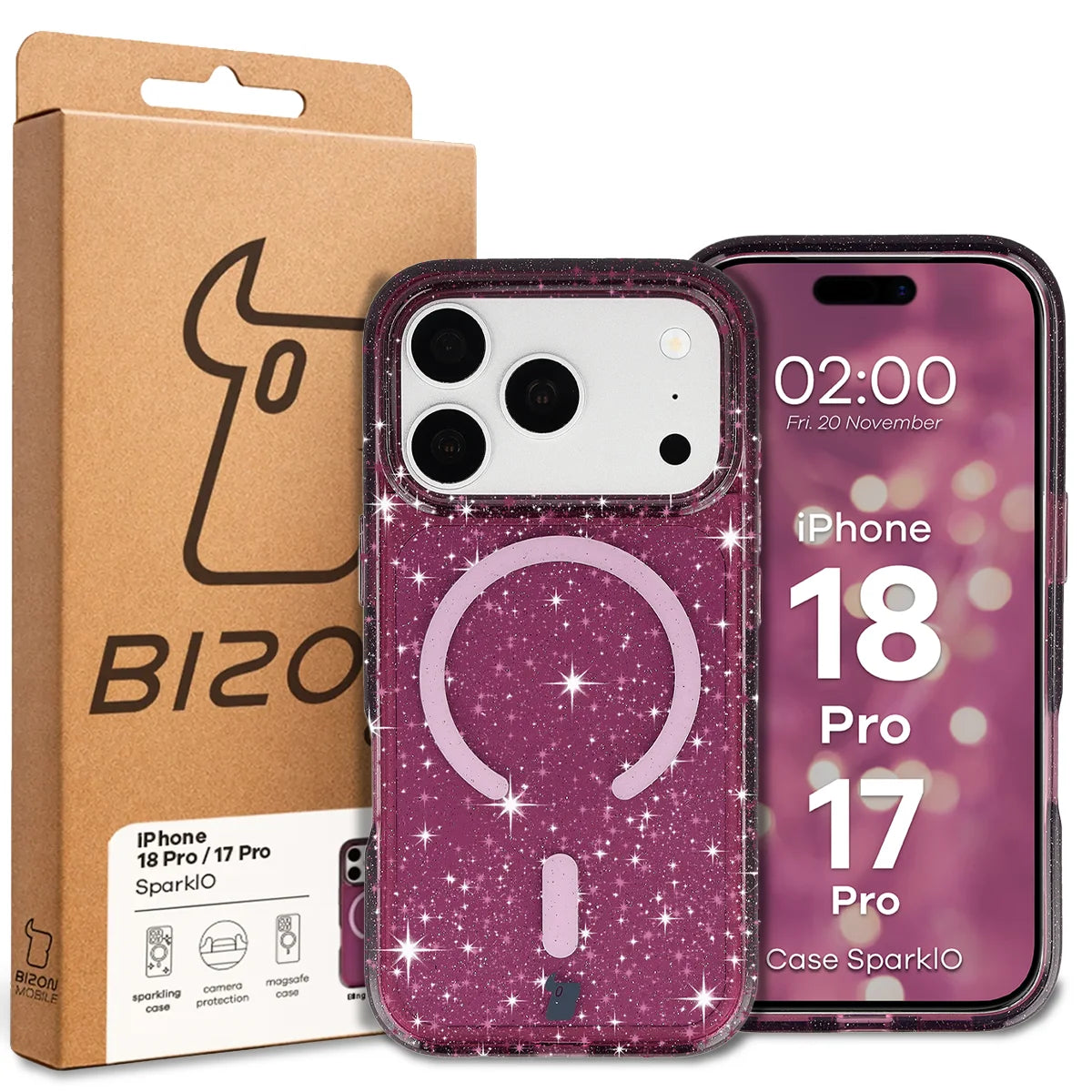 Glitzer Hülle mit Magnetring für iPhone 18 Pro / 17 Pro, Bizon Case SparklO, Transparent-Burgunderrot mit Glitzer (6/6)