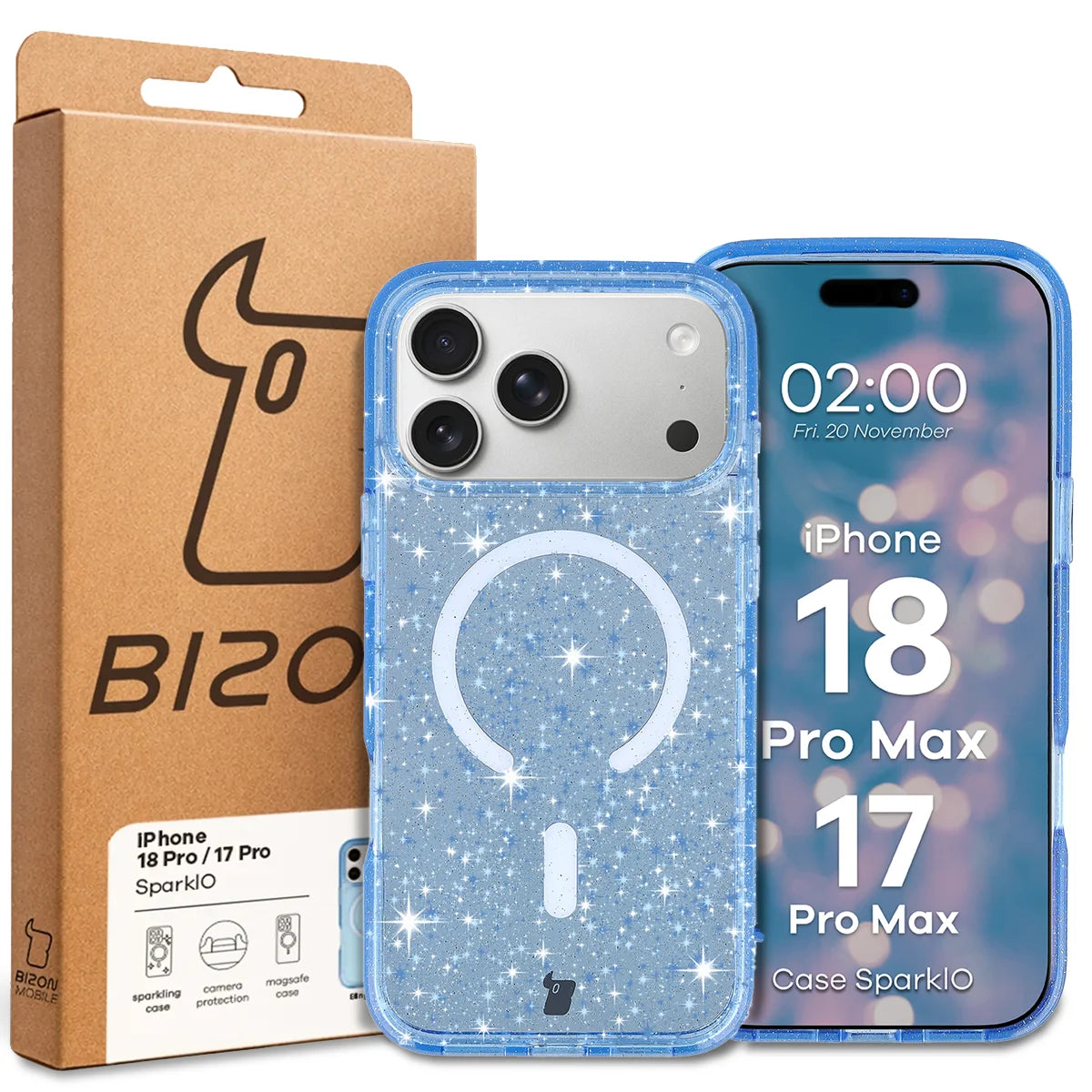 Glitzer Hülle mit Magnetring für iPhone 18 Pro Max / 17 Pro Max, Bizon Case SparklO, Transparent-Hellblau mit Glitzer (6/6)