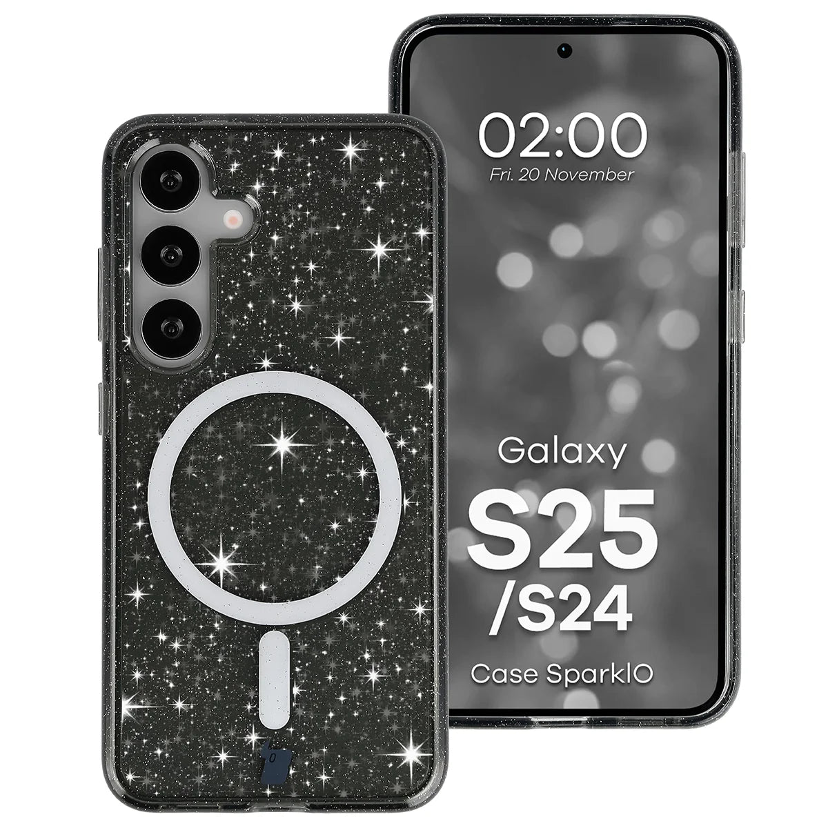 Glitzer Hülle mit Magnetring für Galaxy S25 / S24, Bizon Case SparklO, Transparent-Schwarz mit Glitzer