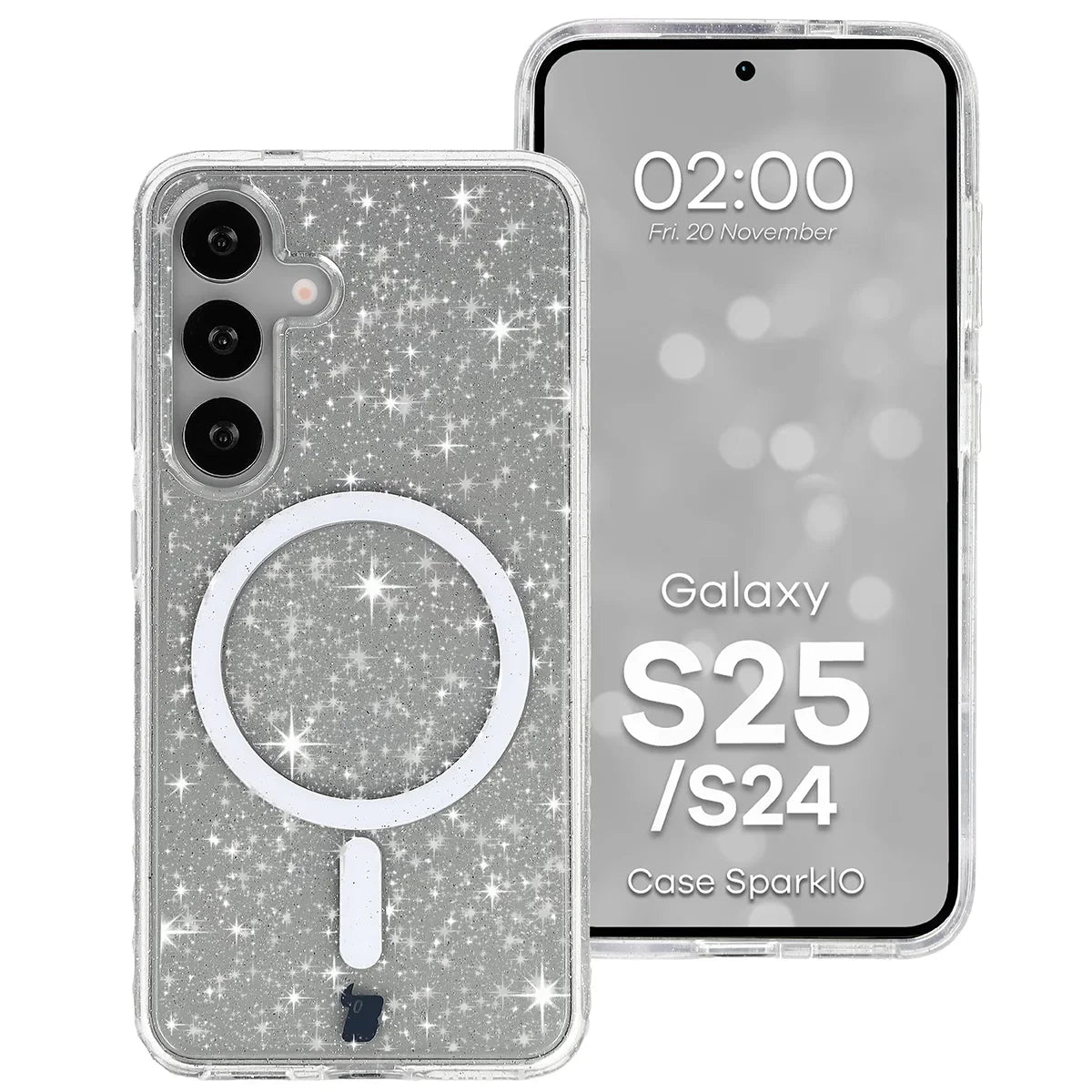 Glitzer Hülle mit Magnetring für Galaxy S25 / S24, Bizon Case SparklO, Transparent mit Glitzer