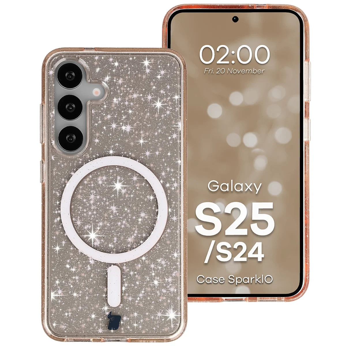 Glitzer Hülle mit Magnetring für Galaxy S25 / S24, Bizon Case SparklO, Transparent-Hellorange mit Glitzer