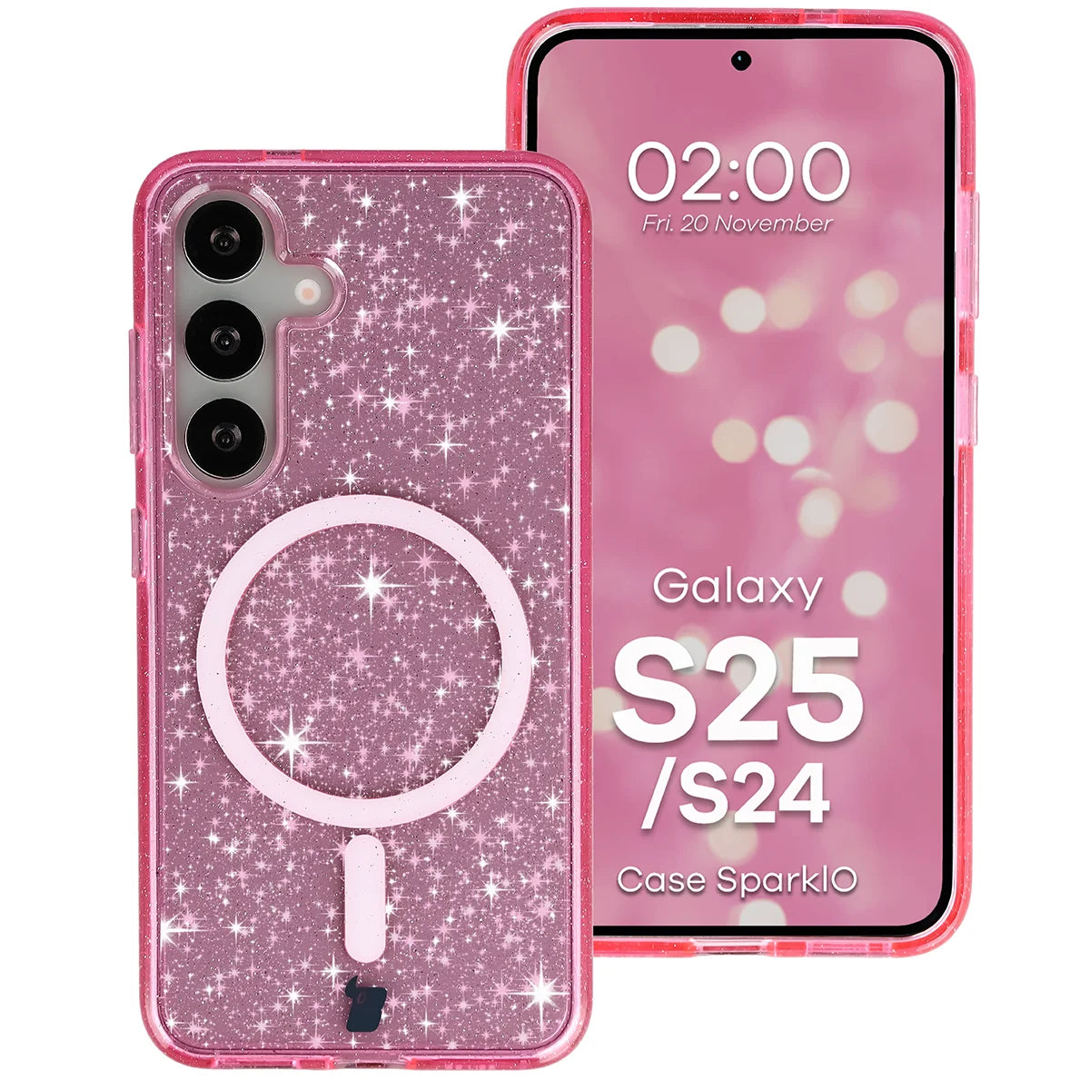 Glitzer Hülle mit Magnetring für Galaxy S25 / S24, Bizon Case SparklO, Transparent-Rosa mit Glitzer