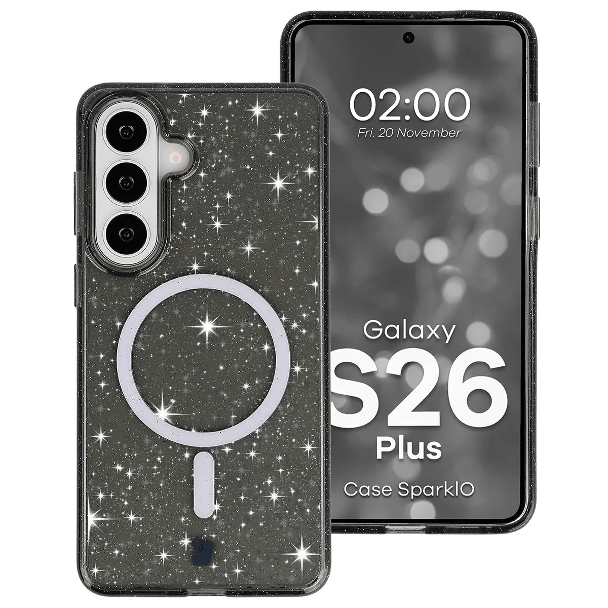 Glitzer Hülle mit Magnetring für Galaxy S26 Plus, Bizon Case SparklO, Transparent-Schwarz mit Glitzer