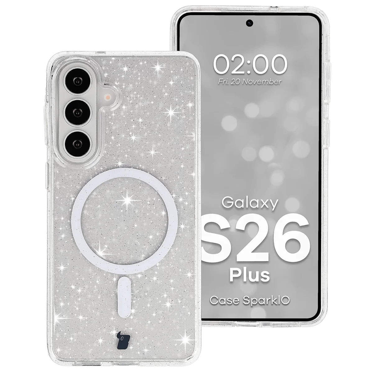 Glitzer Hülle mit Magnetring für Galaxy S26 Plus, Bizon Case SparklO, Transparent mit Glitzer