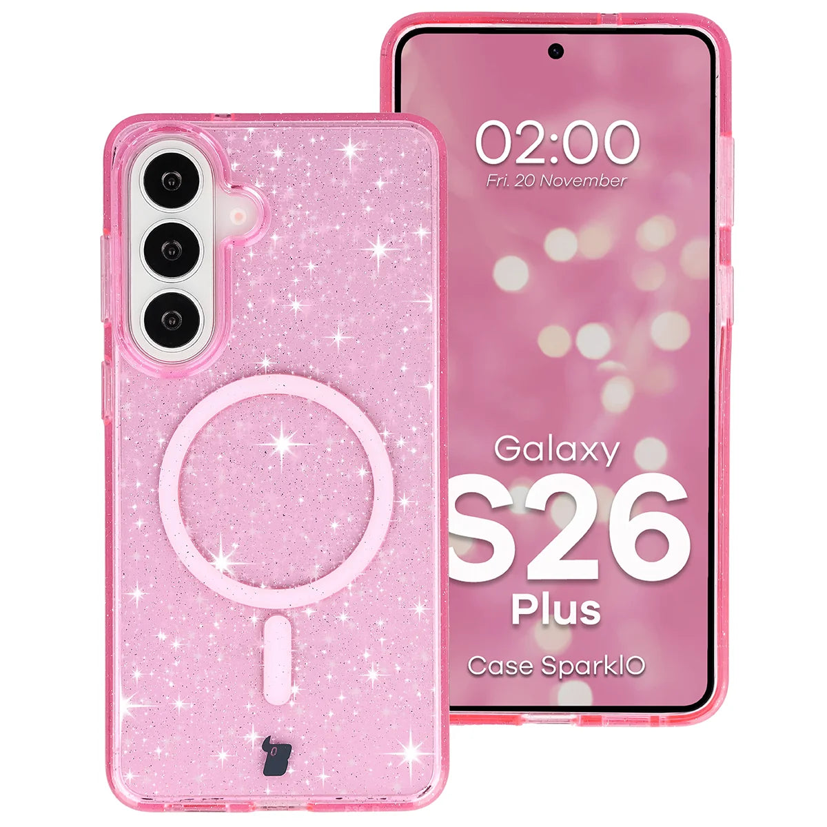 Glitzer Hülle mit Magnetring für Galaxy S26 Plus, Bizon Case SparklO, Transparent-Rosa mit Glitzer