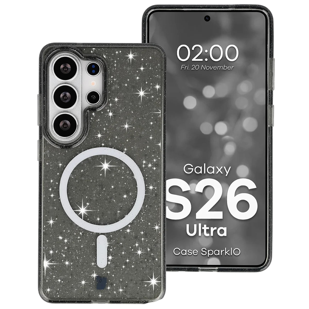 Glitzer Hülle mit Magnetring für Galaxy S26 Ultra, Bizon Case SparklO, Transparent-Schwarz mit Glitzer