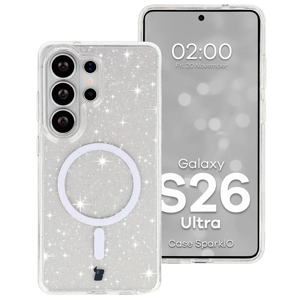 Glitzer Hülle mit Magnetring für Galaxy S26 Ultra, Bizon Case SparklO, Transparent mit Glitzer