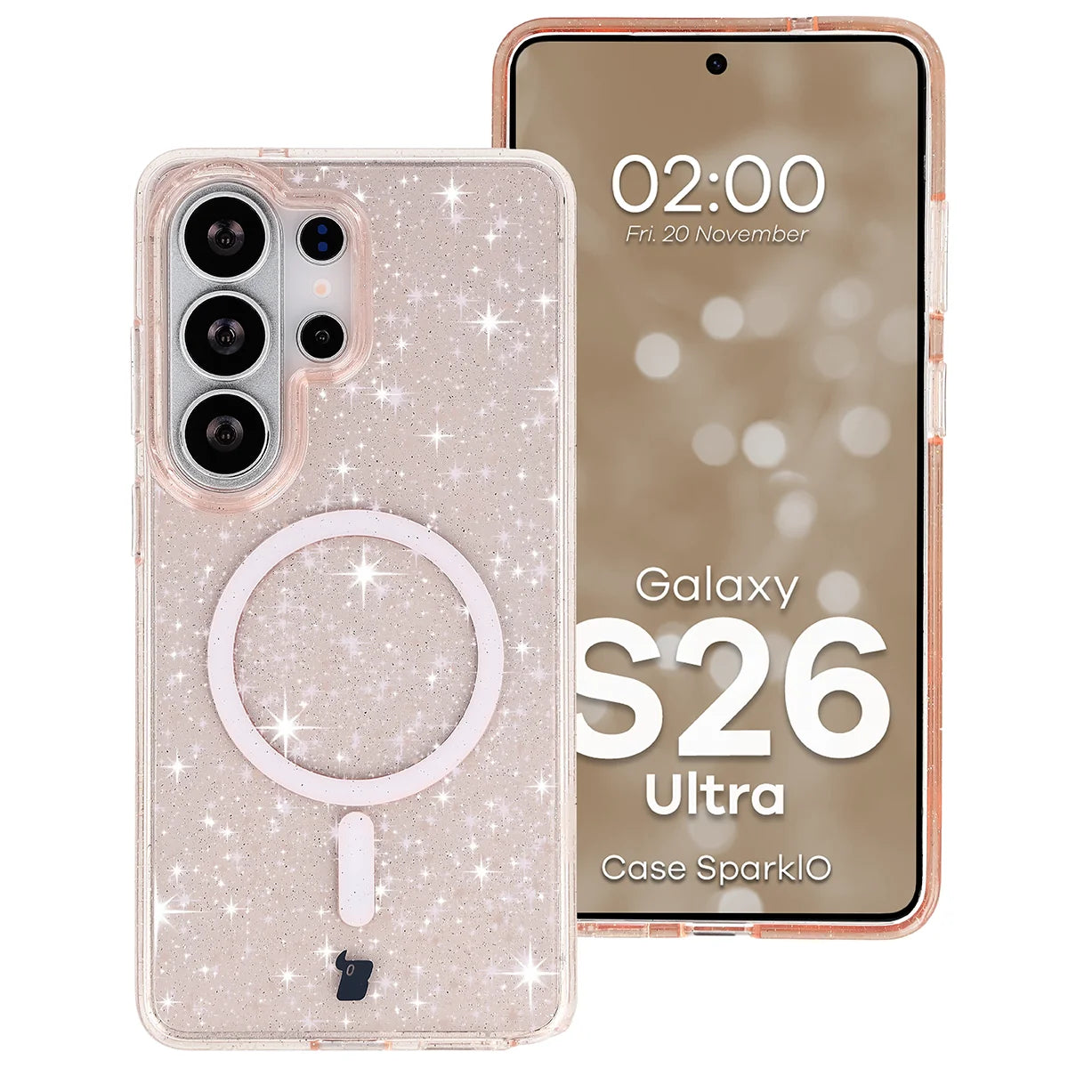 Glitzer Hülle mit Magnetring für Galaxy S26 Ultra, Bizon Case SparklO, Transparent-Hellorange mit Glitzer